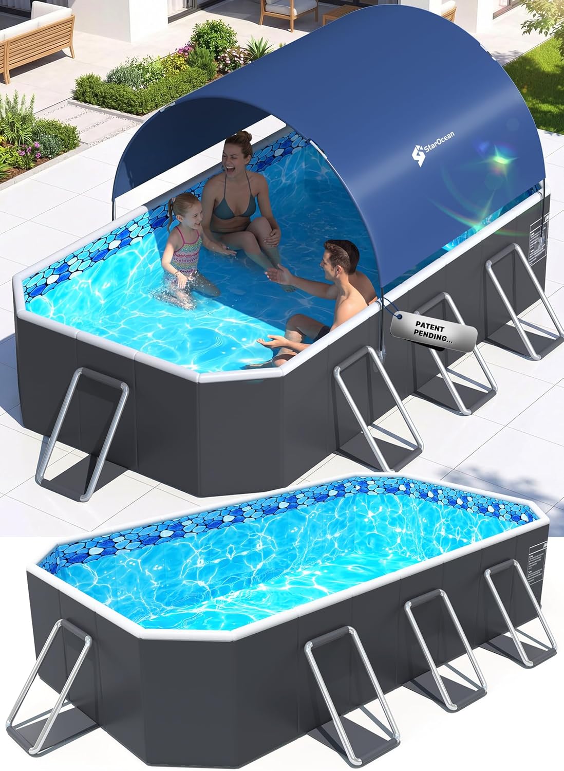 Piscina fuori terra, grande piscina pieghevole per adulti, grande piscina pieghevole per bambini con ombra, piscina non gonfiabile, StarOcean
