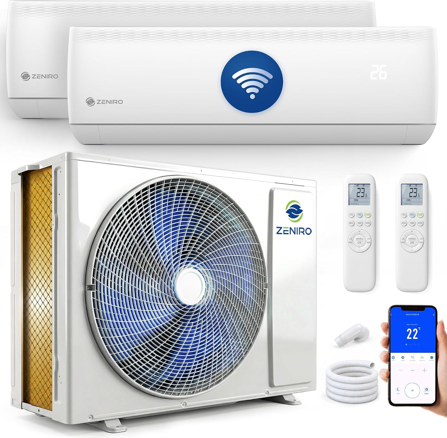 Climatizzatore split R32, Climatizzatore Dual Split 12000 + 12000 Inverter A++ Pompa di Calore Caldo Freddo, 4D AirFlow, WiFi, App, Zeniro
