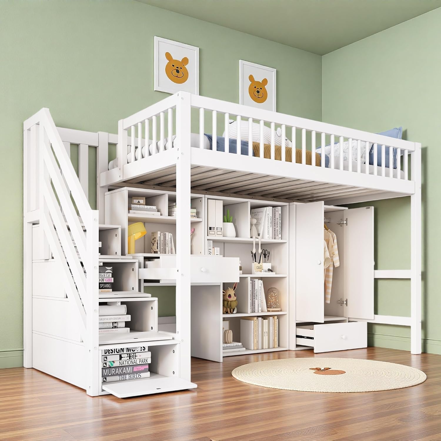 Letti, legno massello + MDF, bianco, Letto a castello per bambini 90 x 200 con armadietti, letto per bambini con barriera, a castello 2 posti, Sapgaks